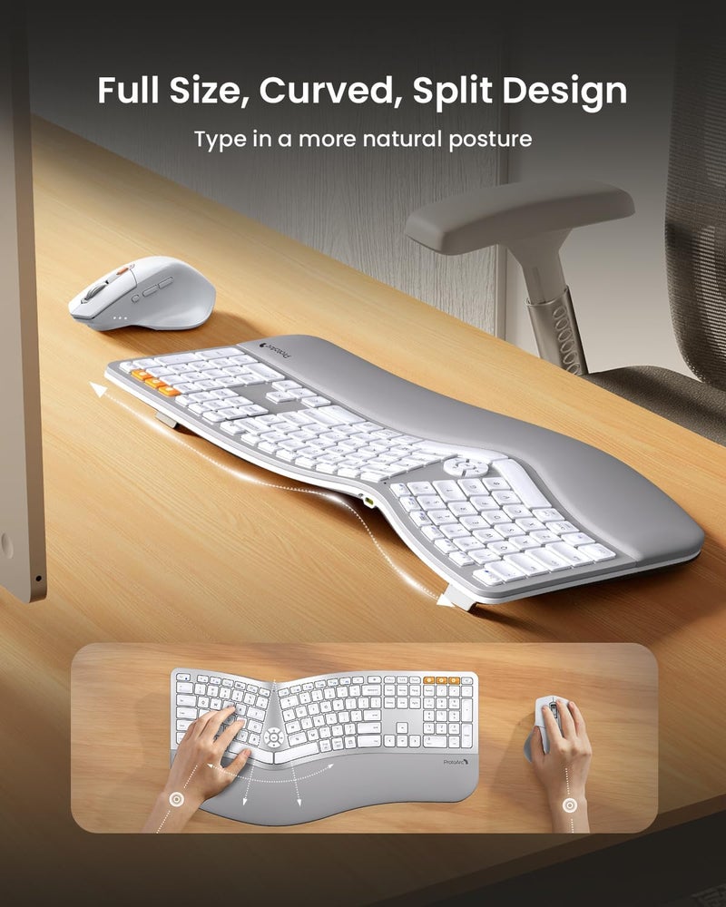 ProtoArc Ergonomic Wireless Keyboard Mouse, EKM01 Plus Full Size Ergo Bluetooth Keyboard Mouse Combo, Split Design, Wrist Rest, Multi-Device, Rechargeable, for Windows/Mac OS - White and Silver - Image 2